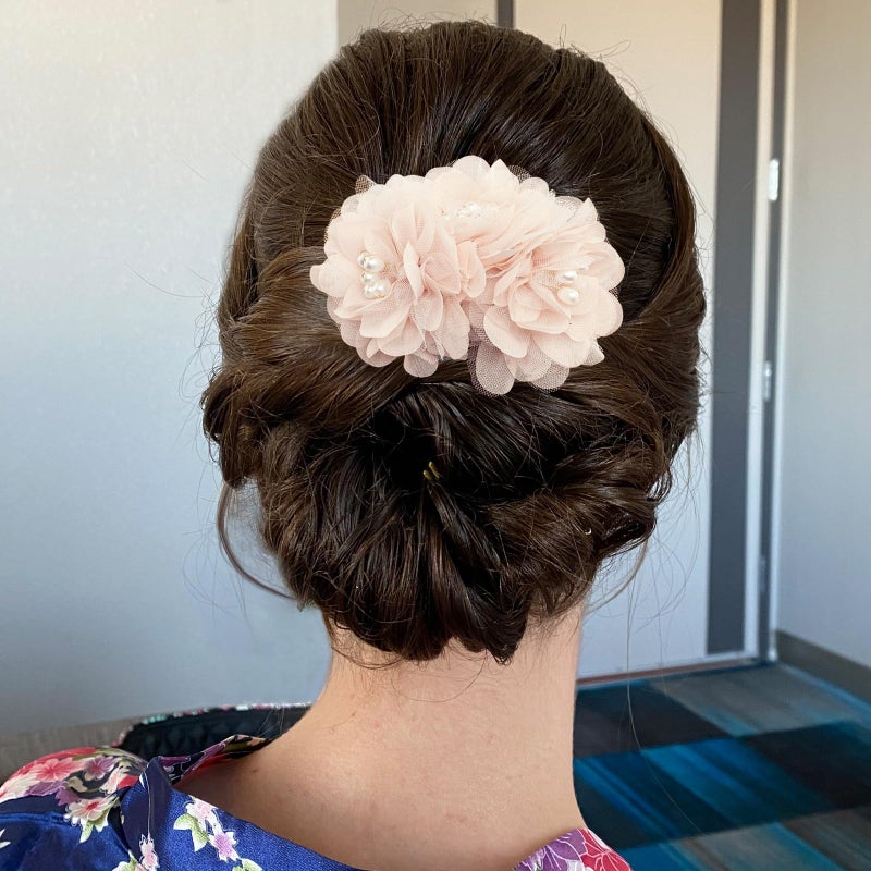 BETITETO Pink Flower Hair Comb Bridal Pearl Chiffon Floral Hair Buns Pins Accessories for Wedding Party Banquet - Image 3